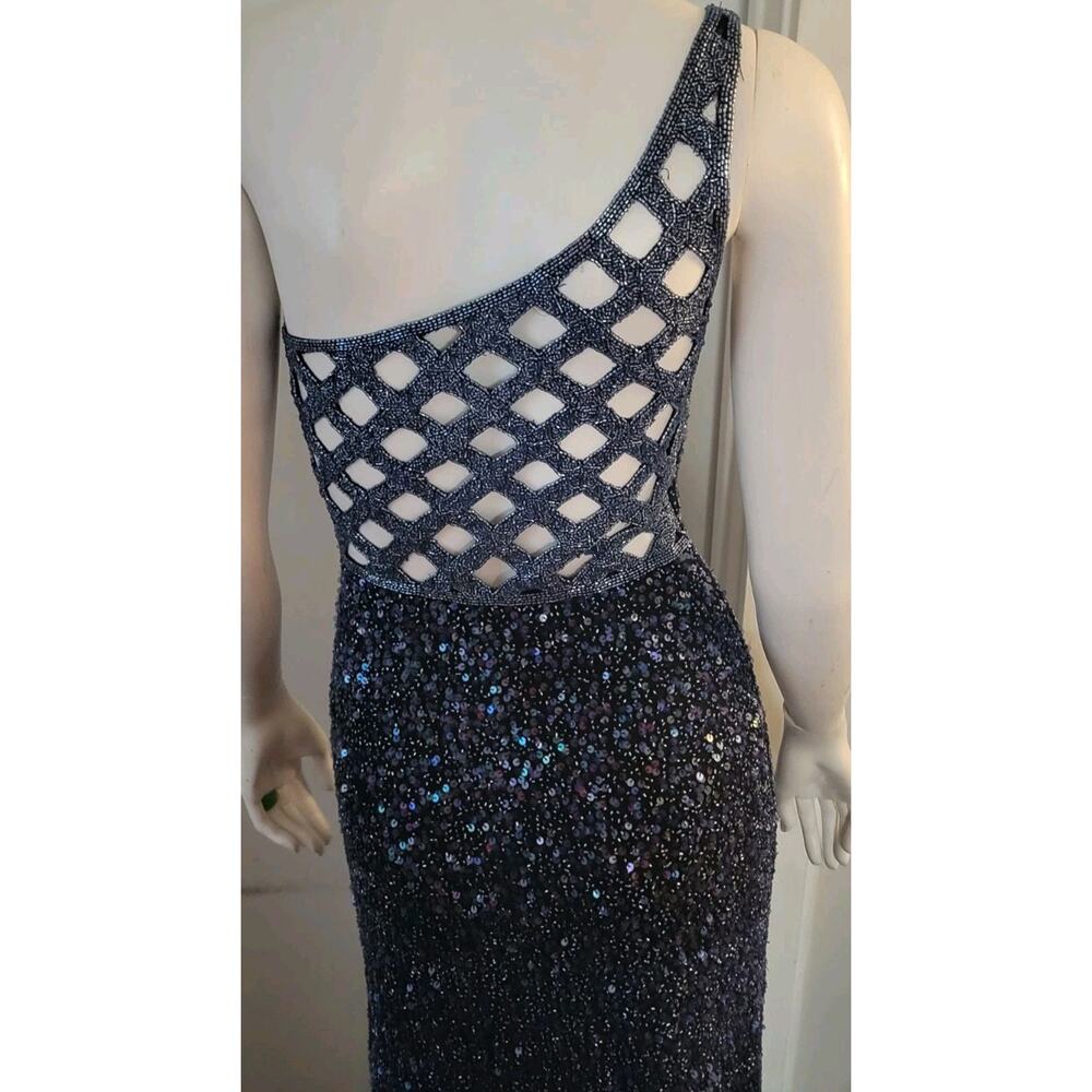 Scala Formal Dress 100% Silk Sz. S Navy Blue Beaded One Shoulder Lattice Back - Picture 4 of 14
